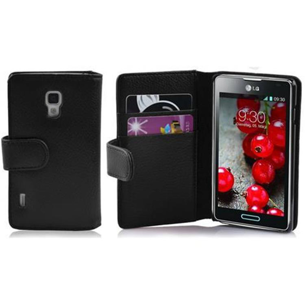 Schwarze Handyhülle mit Telefon. Das Telefon zeigt 9:30 Uhr und rote Beeren.