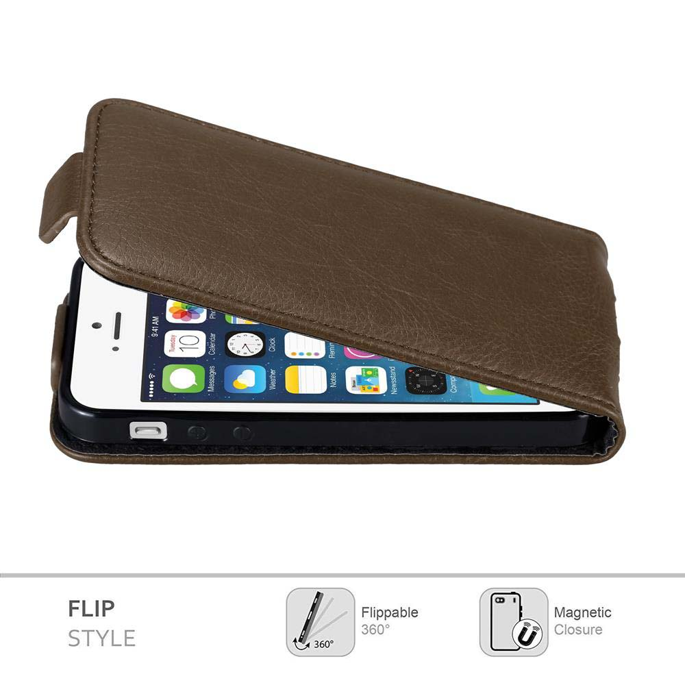Una funda de teléfono tipo flip marrón está abierta, revelando un teléfono. Se destaca el estilo flip.