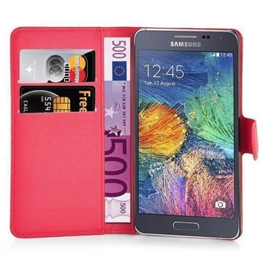 Geöffnete Handyhülle, die ein Telefon hält, zeigt Karten und Geld im Inneren der Hülle.