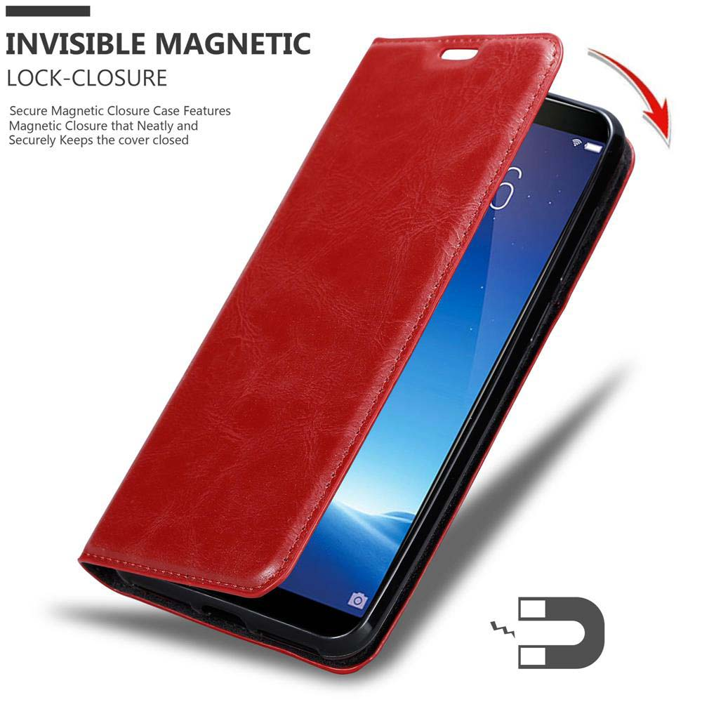 Custodia per telefono rossa aperta, che rivela un telefono. La custodia ha un design di chiusura magnetica.