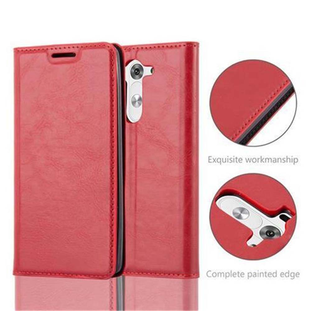 Funda roja de teléfono abierta. Detalles mostrados. Exquisita artesanía y borde pintado completo.