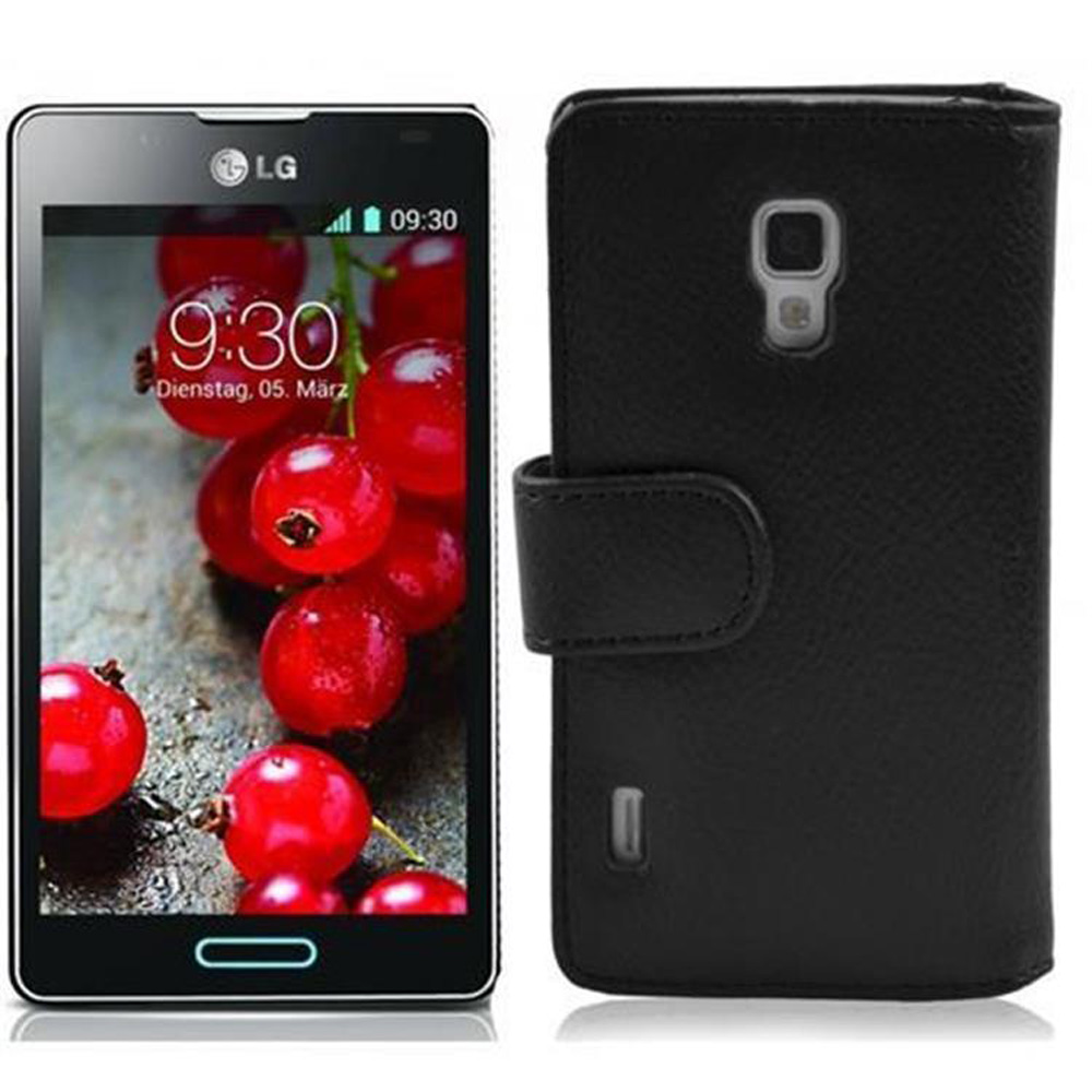 Schwarzes Telefon und schwarze Hülle. Telefon zeigt Zeit und rote Beeren. Hülle geschlossen.