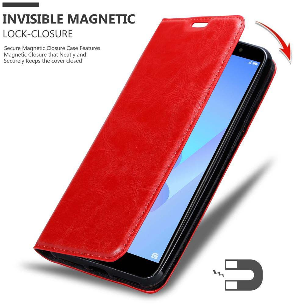 Custodia per telefono in pelle rossa, chiusa e aperta. La custodia ha una chiusura magnetica.