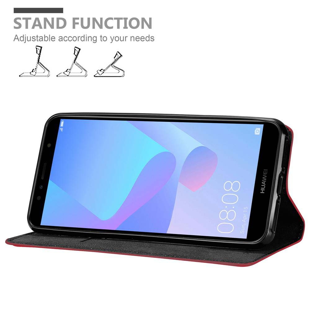 Custodia nera con interno rosso, supporto telefono, testo funzione supporto.