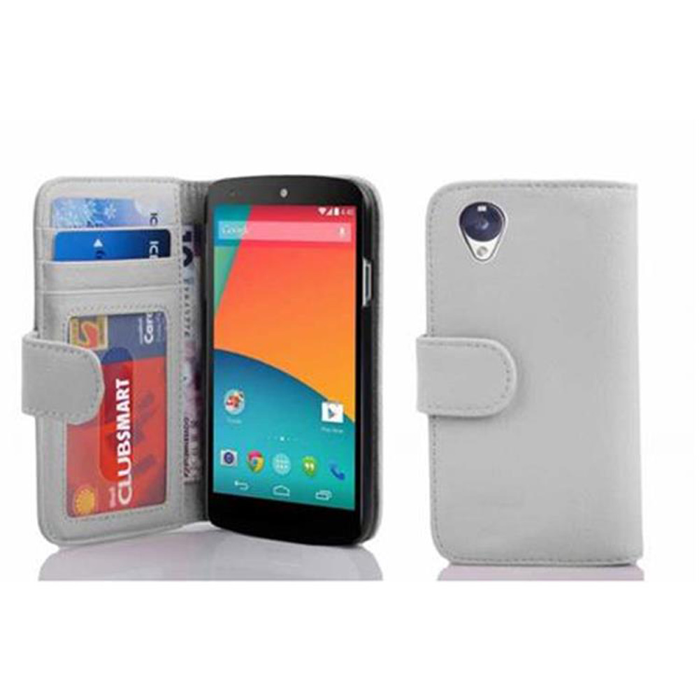 Funda de teléfono gris, abierta, con un teléfono, mostrando tarjetas de crédito y un teléfono.