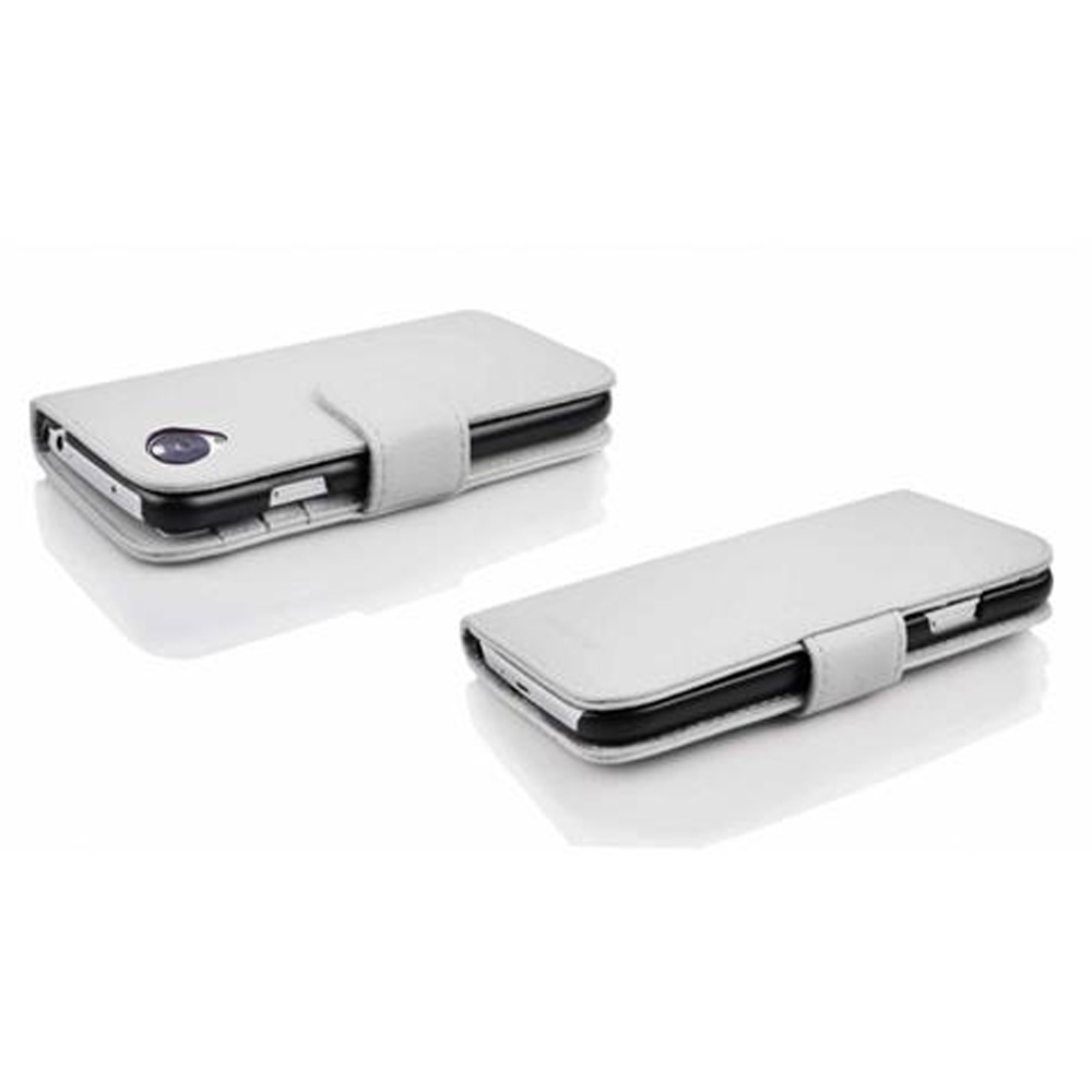 Dos fundas grises para teléfono sobre una superficie blanca. Las fundas están cerradas y muestran un contorno de teléfono.