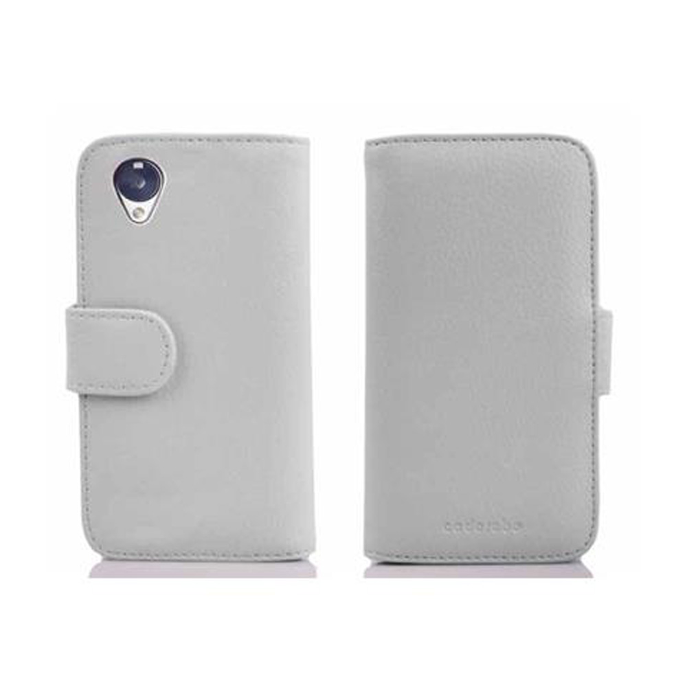 Dos fundas de teléfono gris claro, una abierta. Son de cuero y muestran un teléfono.