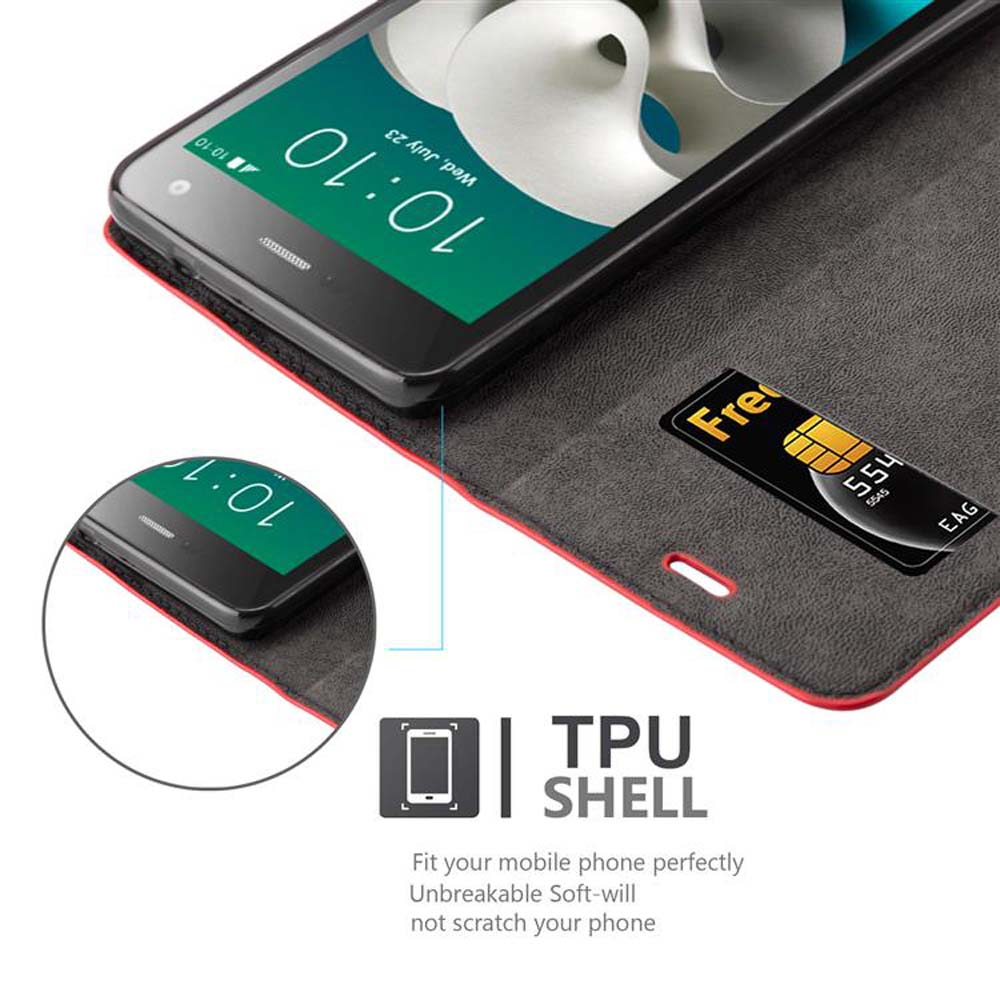 Teléfono en una funda roja, mostrando la pantalla y una tarjeta de crédito. Texto: TPU SHELL, Adapte su teléfono móvil perfectamente.