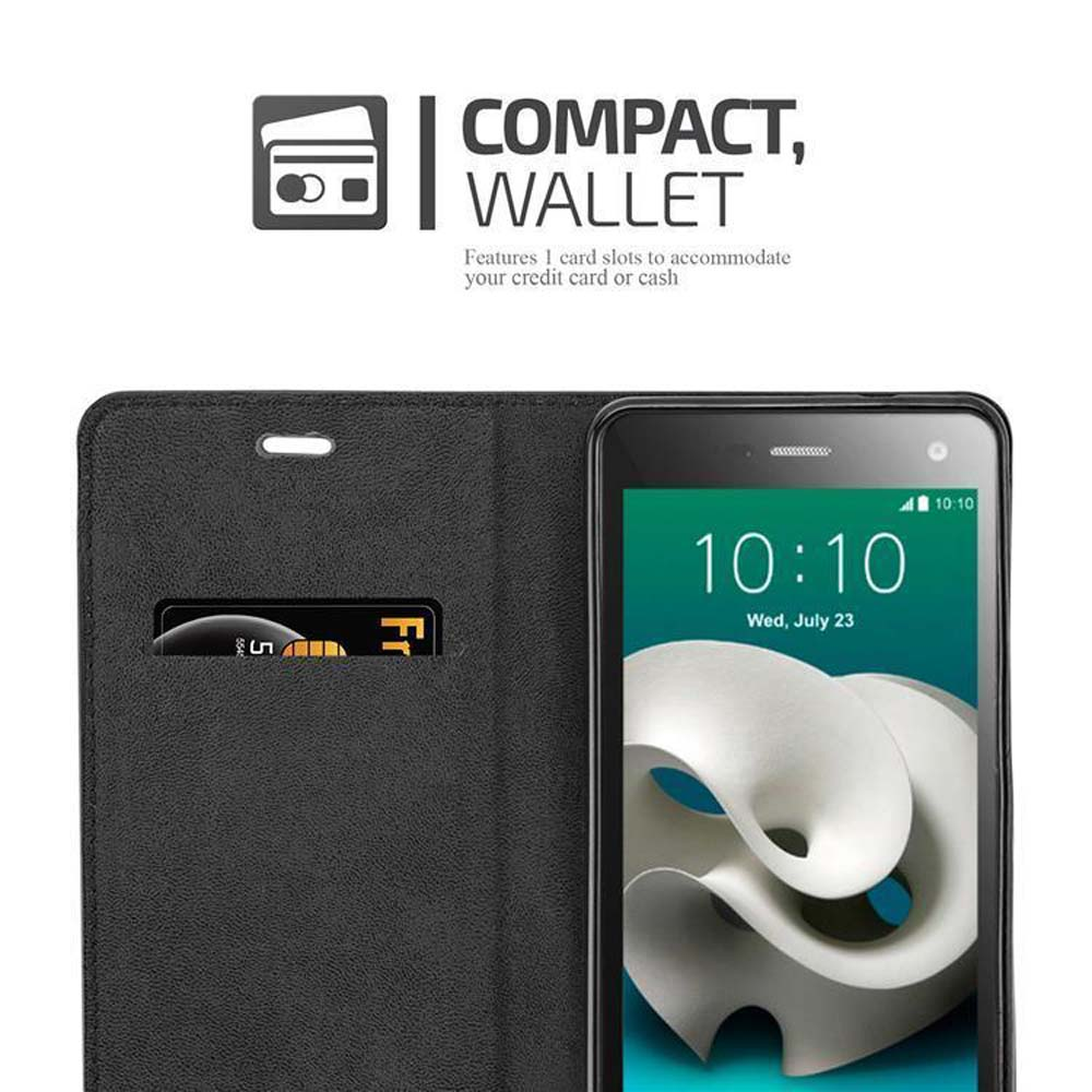 Funda de teléfono negra con un teléfono dentro. La funda tiene una ranura para tarjetas. El teléfono muestra la hora y está etiquetado como COMPACT, WALLET.