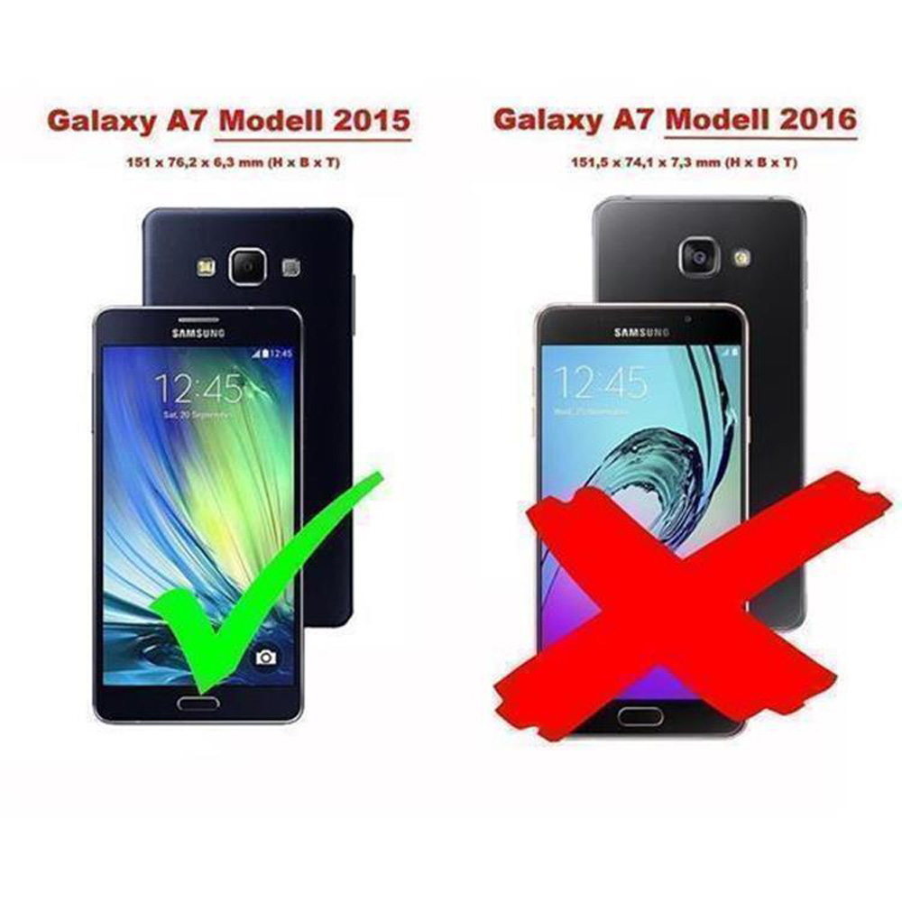 Confronto di due telefoni, uno con un segno di spunta, l'altro con una X. Testo: Galaxy A7 Modello 2015/2016.