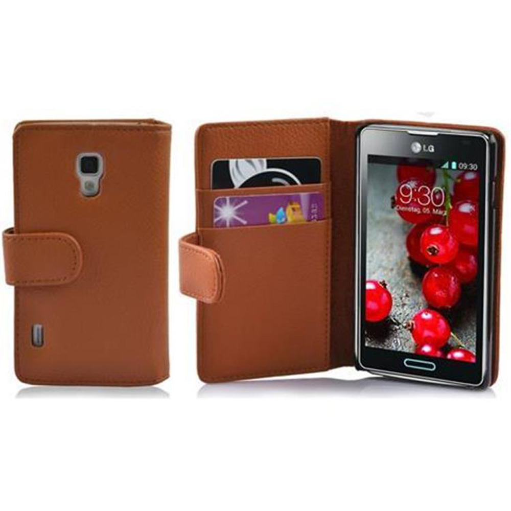 Braune Handyhülle offen mit Karten, und ein Telefon mit einem Beerenbild auf dem Bildschirm.