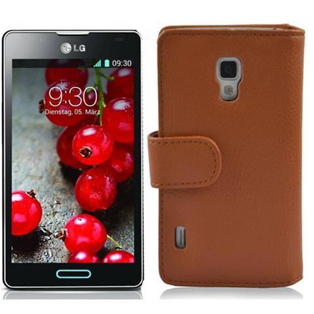 Ein Telefon in einer braunen Lederhülle. Der Bildschirm zeigt rote Beeren. Das Telefon hat eine Taste.