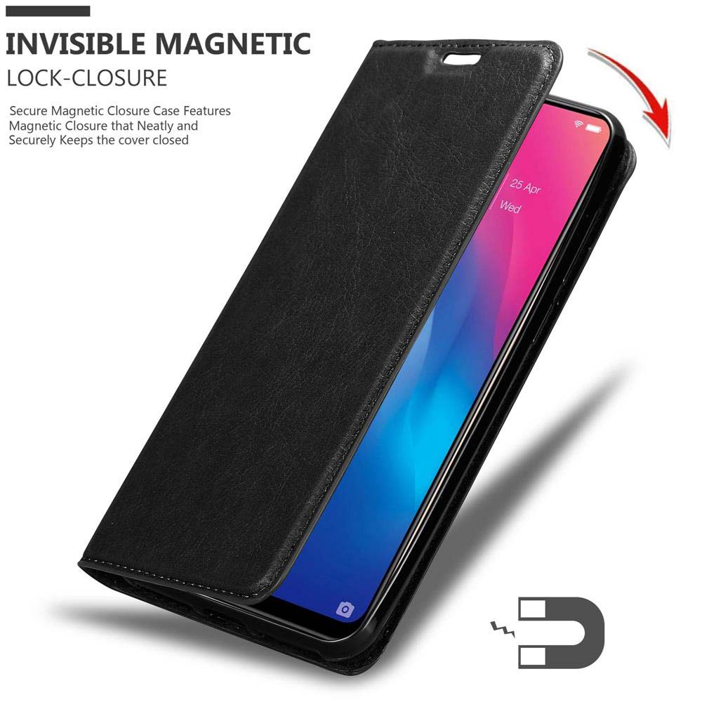 Schwarze Handyhülle offen mit Telefon darin. Der Telefonbildschirm ist sichtbar. Magnetischer Verschluss wird gezeigt.