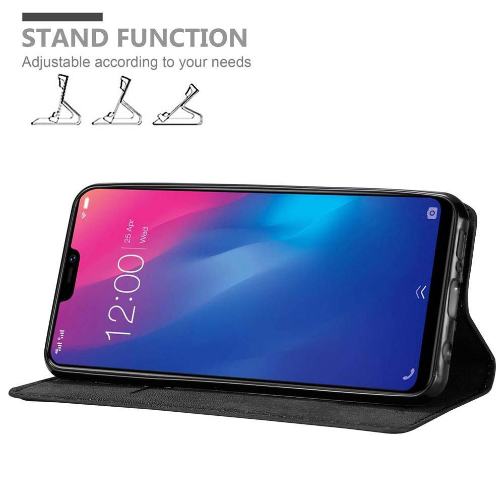 Telefon-Ständer-Hülle geöffnet. Telefon zeigt Zeit an. Text: Ständerfunktion.