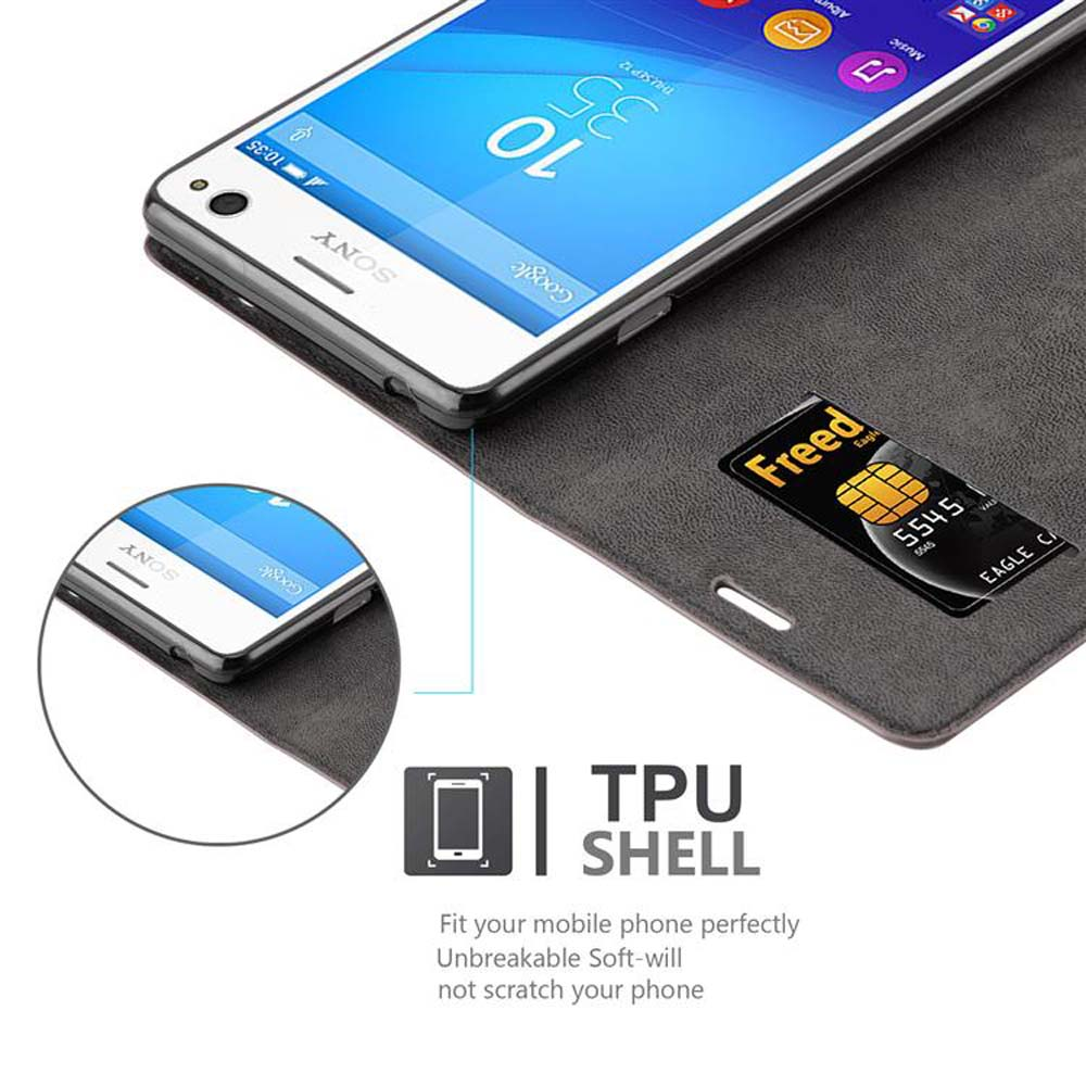 Teléfono en funda tipo cartera con tarjeta. Texto: Carcasa de TPU.