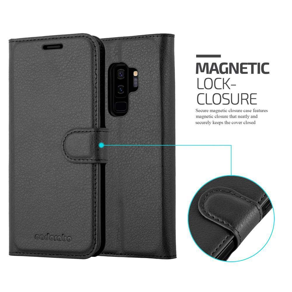 Schwarze Handyhülle mit Magnetverschluss, Telefon im Inneren. Details zeigen den Magnetverschluss.