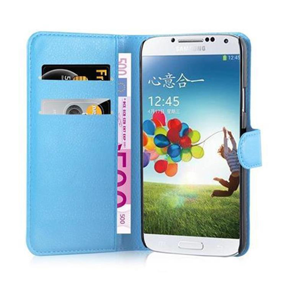 Custodia blu per telefono con telefono all'interno, che mostra denaro e un'immagine.