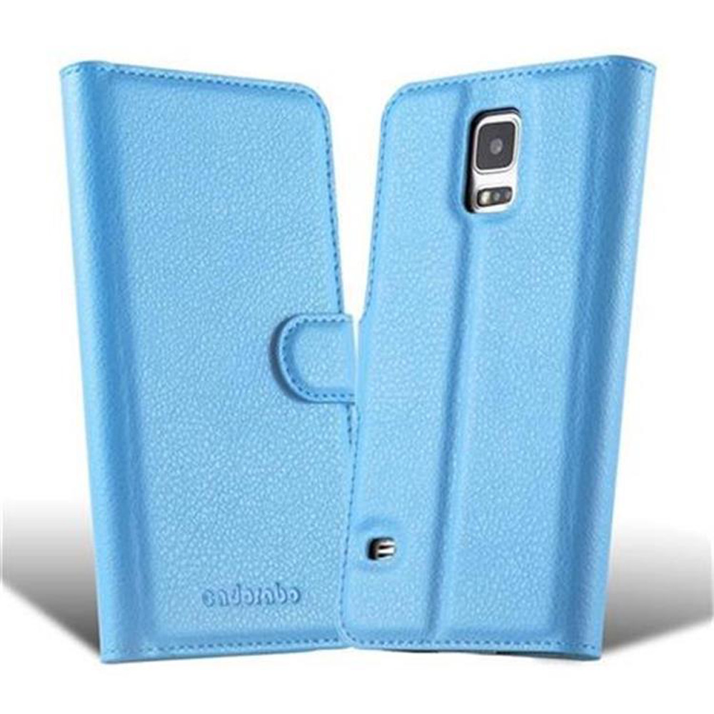 Custodia per telefono in pelle blu, aperta che mostra un telefono. Testo: endorabo.