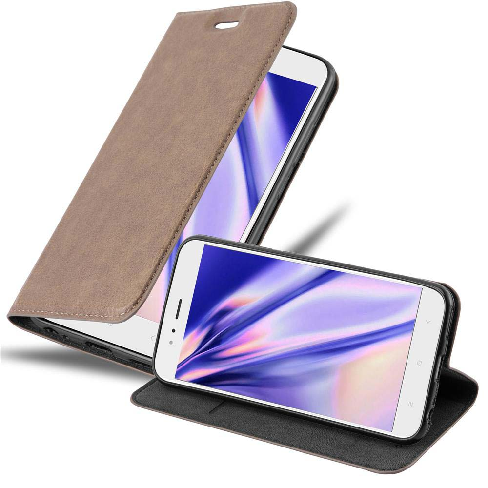 Telefono nella custodia, aperto, con schermo bianco. La custodia è marrone e beige.