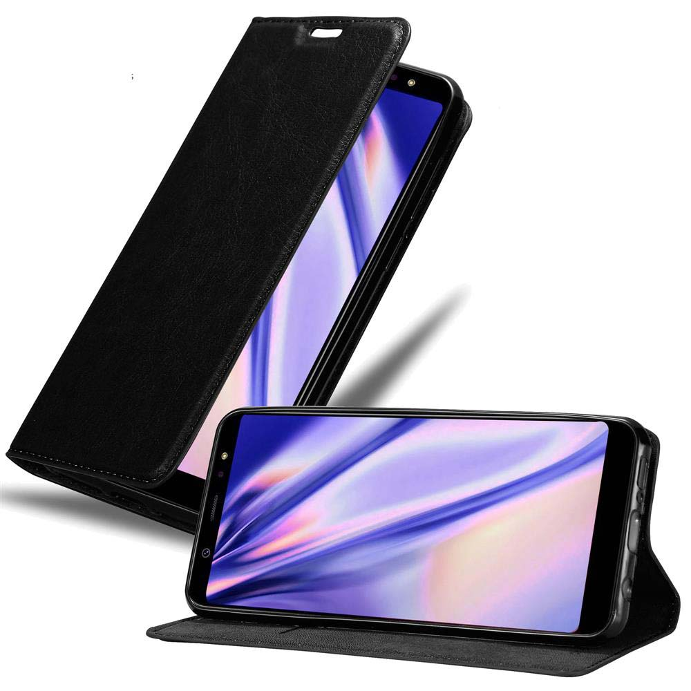 Custodia nera con coperchio aperto che mostra il telefono. Il telefono ha uno schermo colorato.