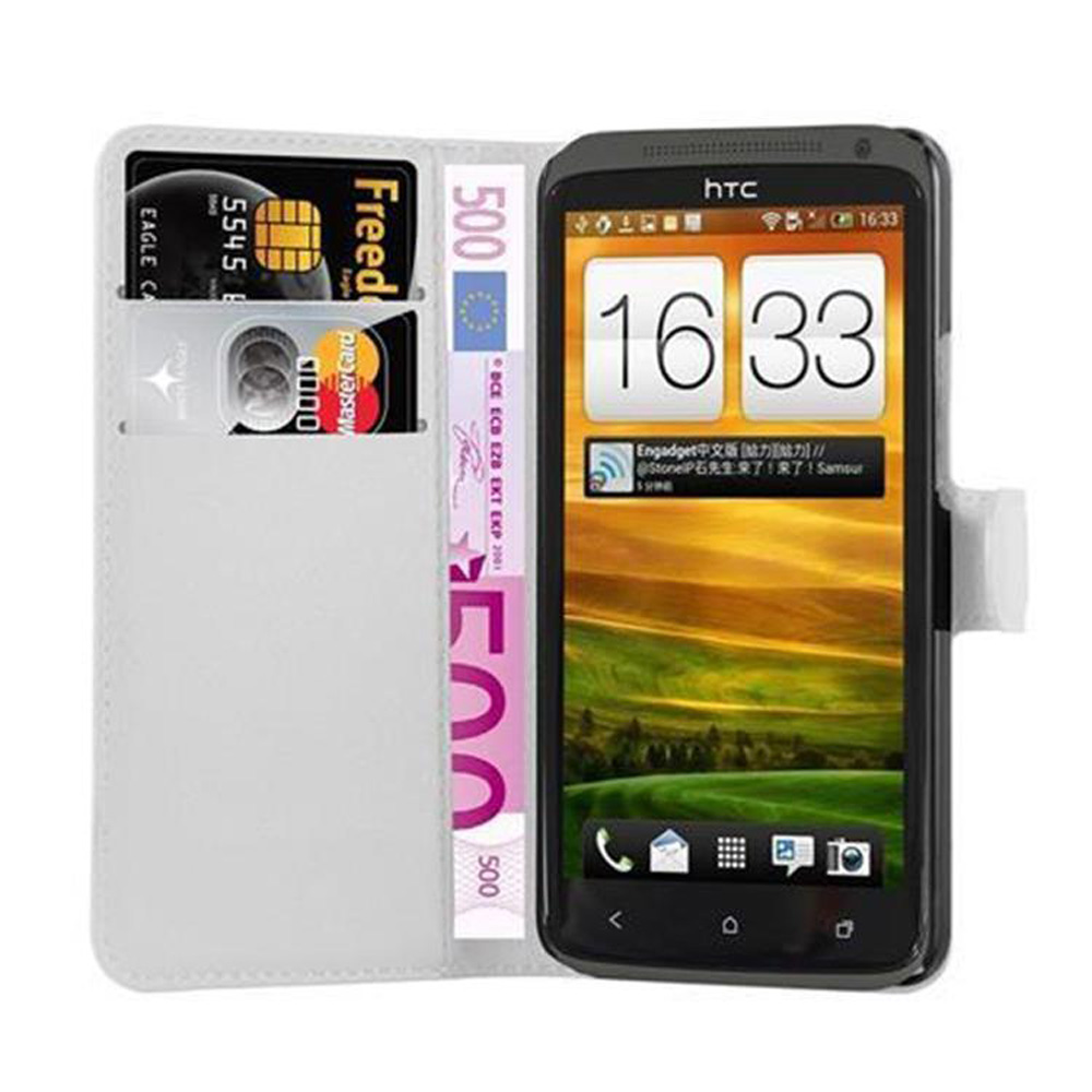 Telefono HTC in custodia a portafoglio bianca con carte, banconota da 500 euro e ora 16:33.
