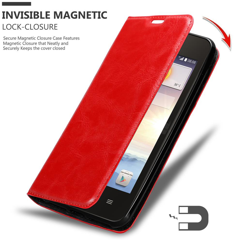 Custodia per telefono in pelle rossa con telefono aperto. Chiusura magnetica, etichettata 'Invisible Magnetic Lock-Closure'.