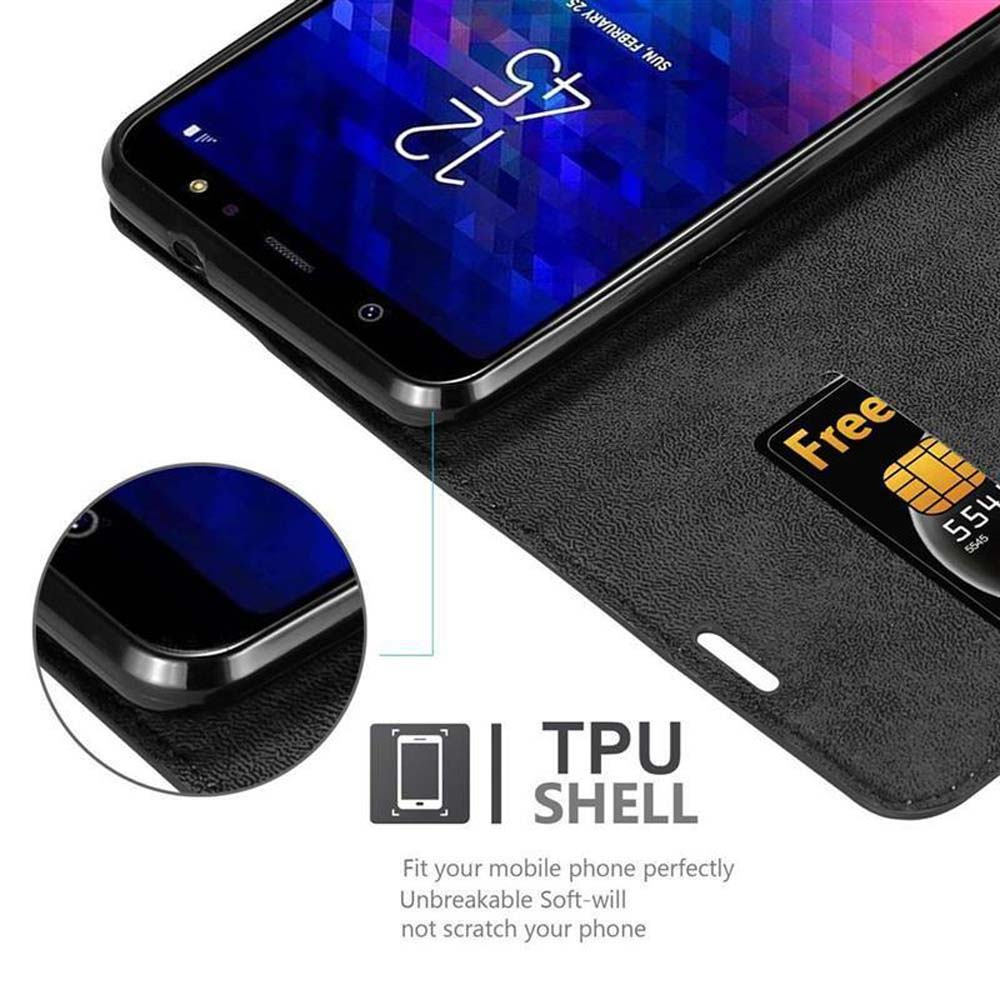 Telefono nero in una custodia nera, che mostra lo schermo. Testo: TPU SHELL, Adatta perfettamente il tuo telefono cellulare.