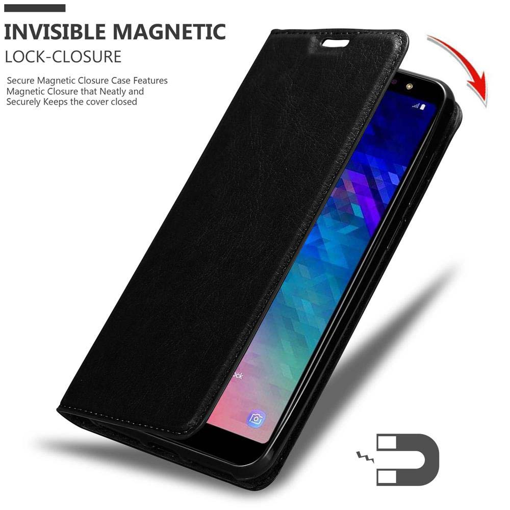 Custodia per telefono nera aperta, che mostra il telefono e una cover aperta. Testo: Chiusura magnetica invisibile.