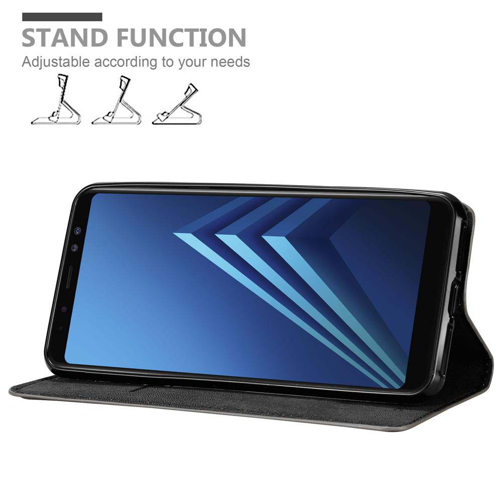 Ein Telefon in schwarzer Hülle, zeigt blaues Design. Die Hülle ist offen.