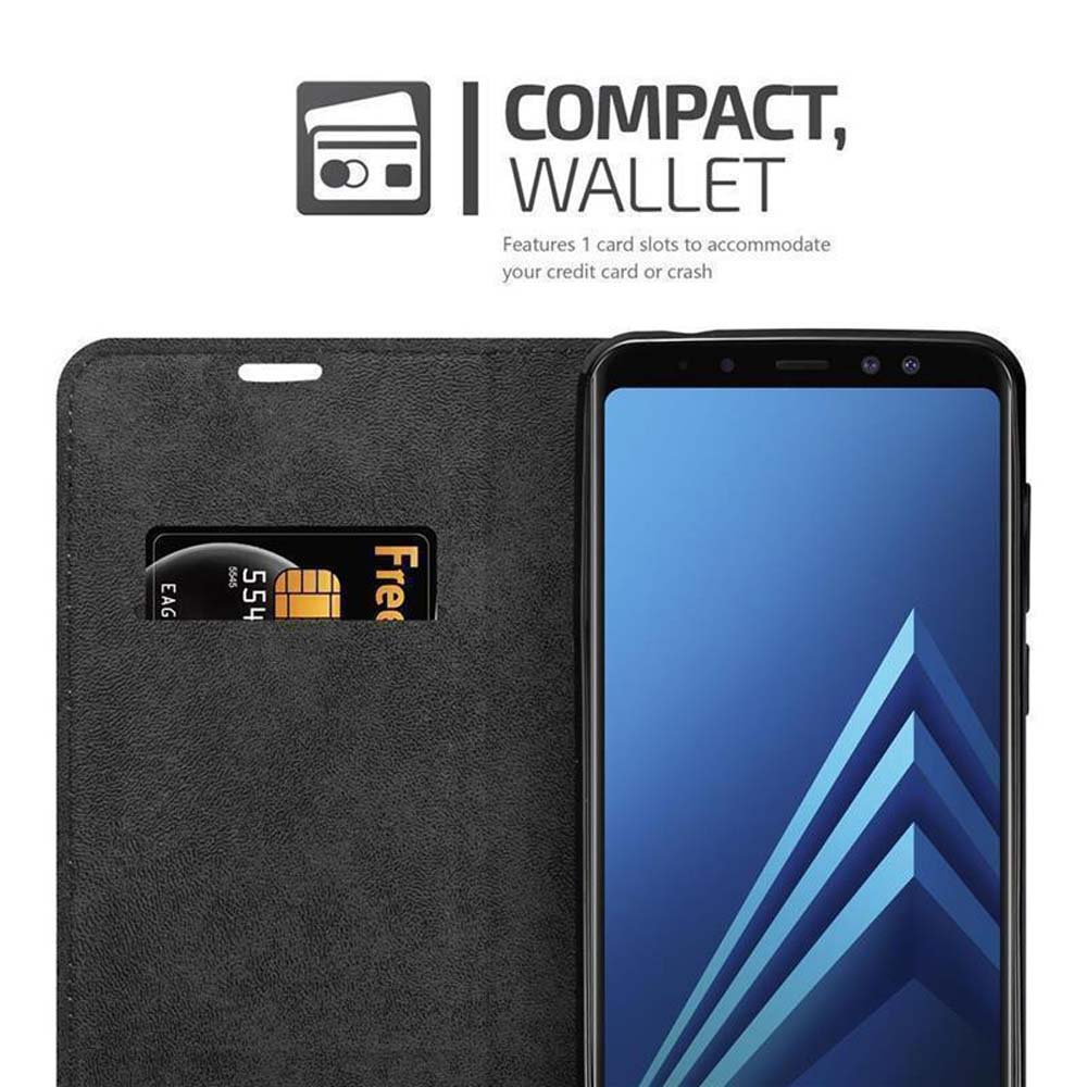 Schwarzes Telefon in einer Brieftaschen-Hülle mit sichtbarer Kreditkarte.