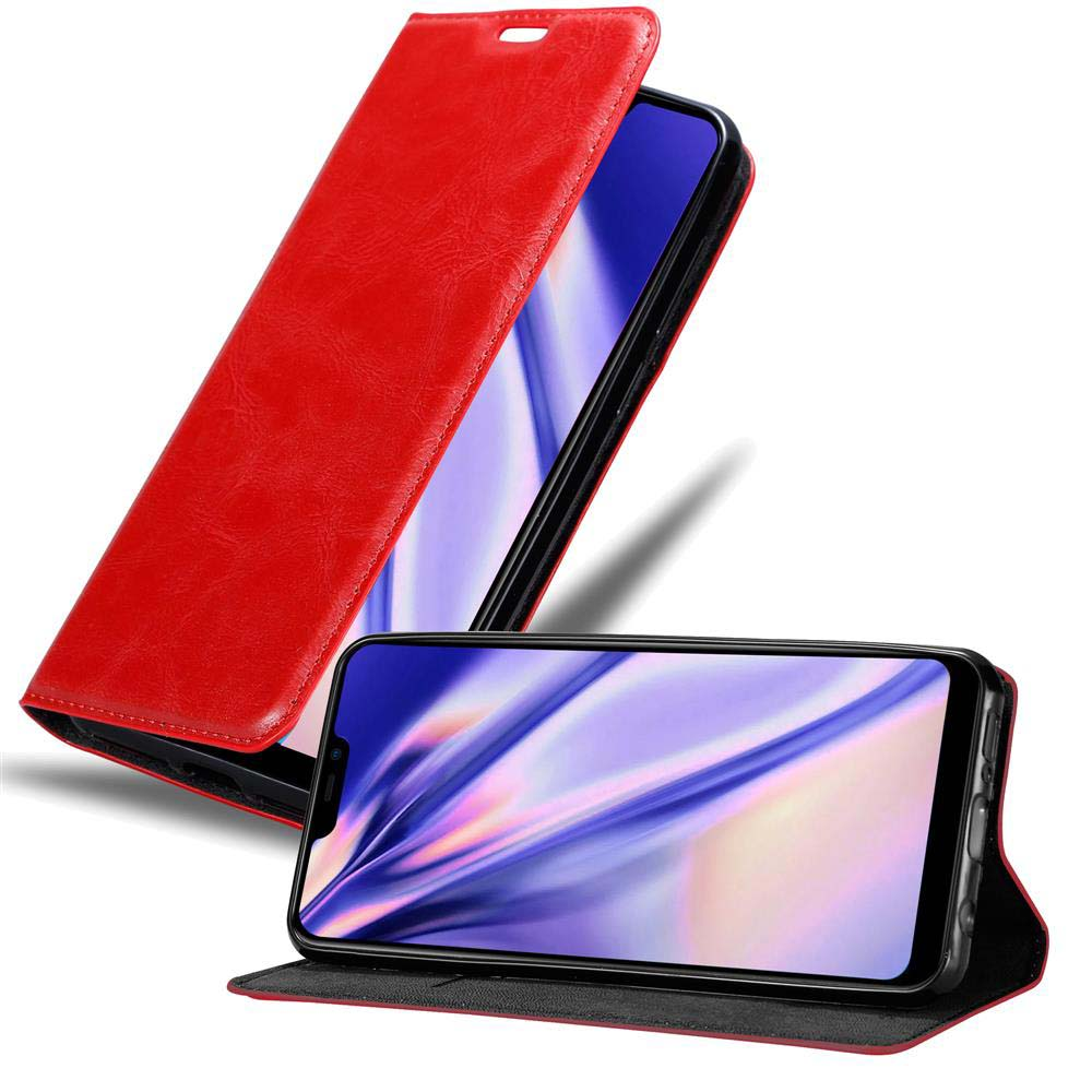 Custodia rossa per telefono, aperta, con un telefono all'interno. La custodia è in similpelle, con chiusura magnetica. Telefono nero.