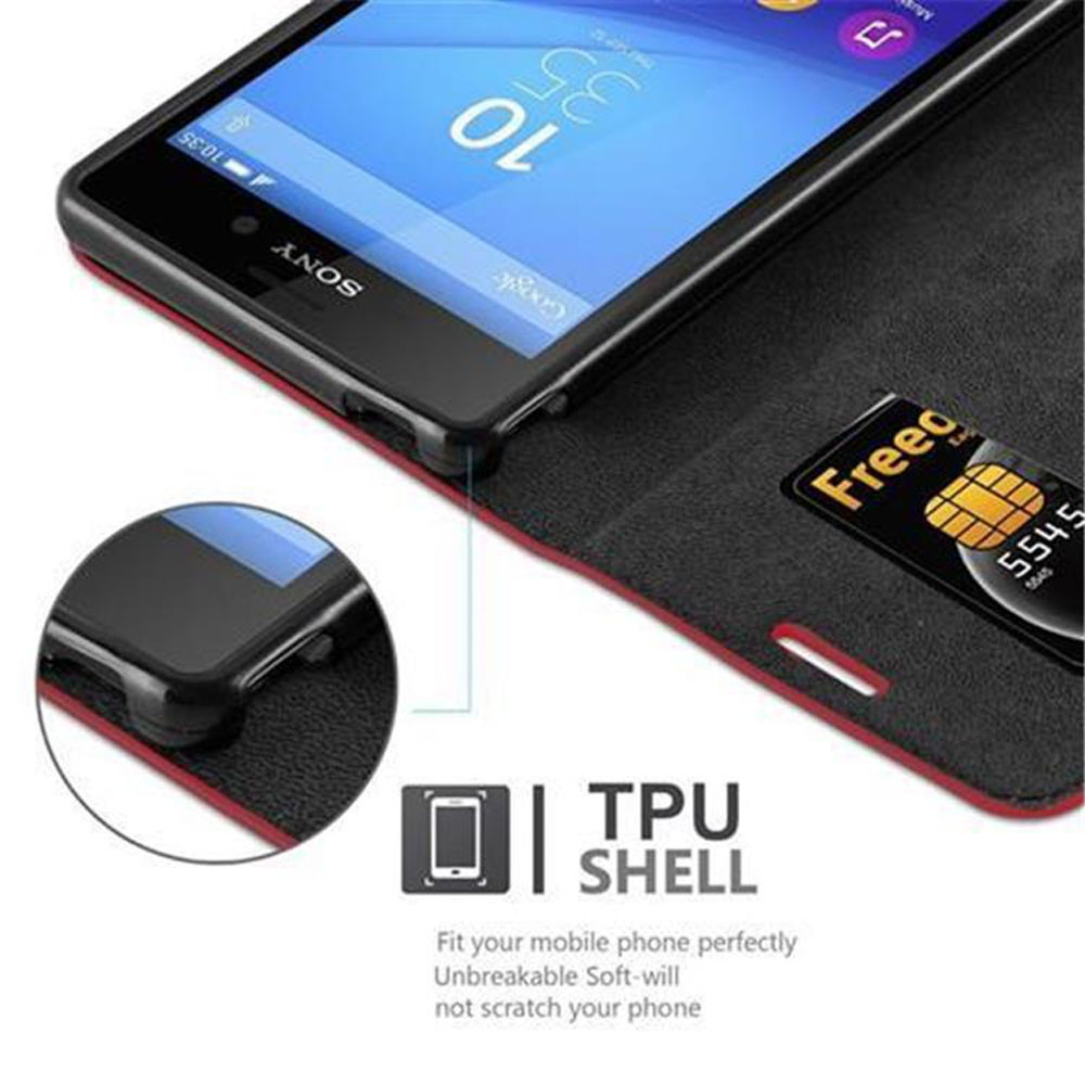 Teléfono en una funda, mostrando la pantalla y una tarjeta de crédito. Texto: TPU SHELL, Adapte su teléfono móvil perfectamente.