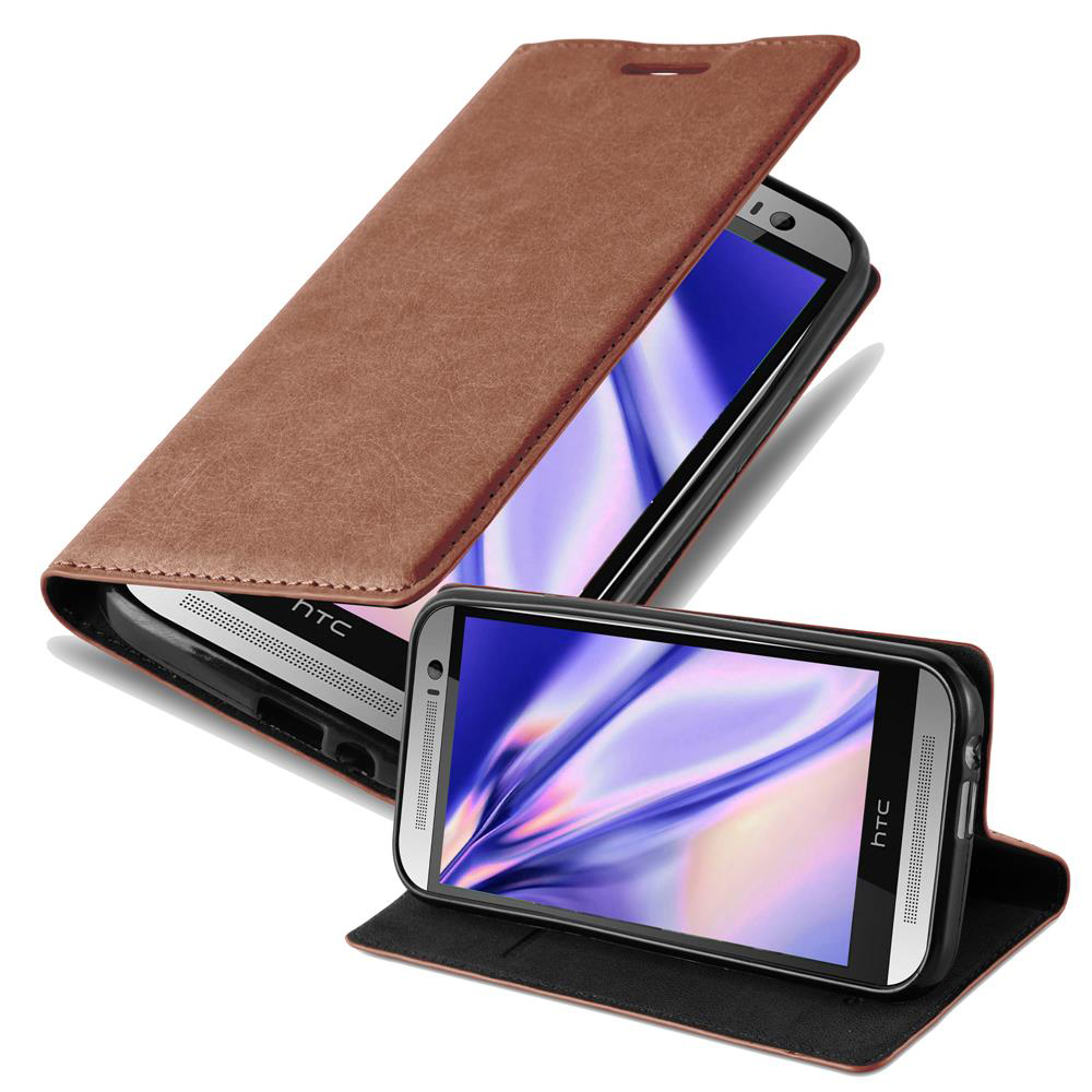 Funda de teléfono marrón abierta, mostrando el teléfono. El teléfono está abierto, mostrando la pantalla. La funda es marrón.