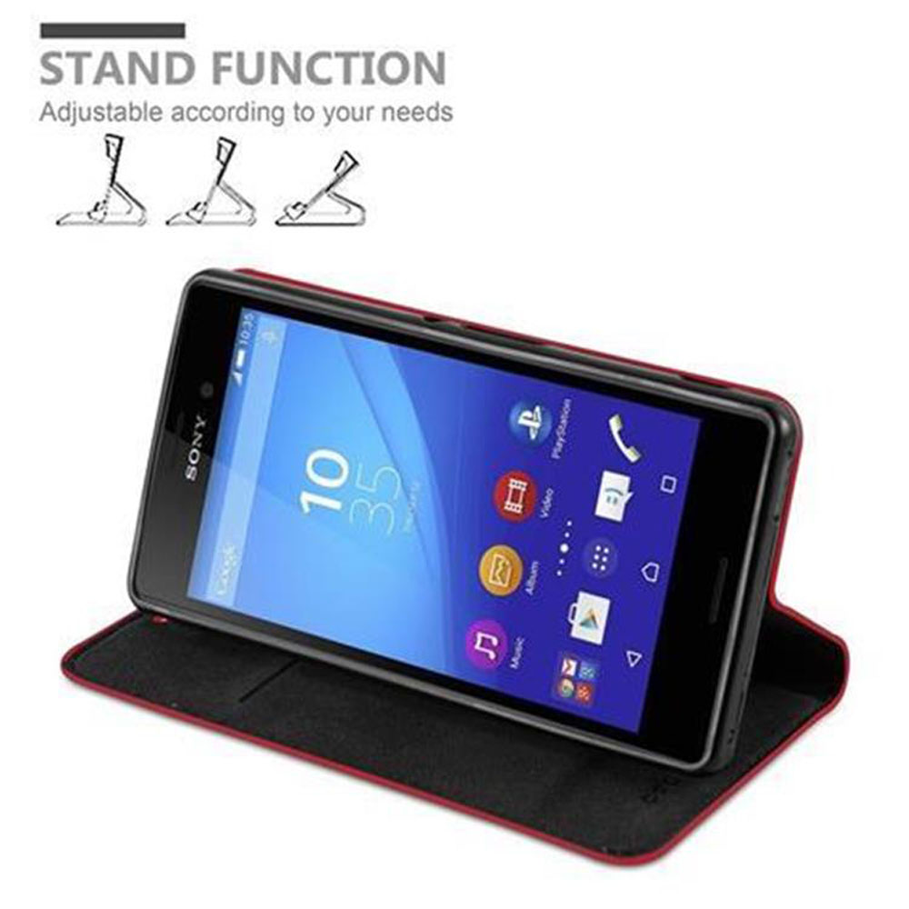 Teléfono negro en una funda negra y roja, la pantalla muestra la hora e iconos. La función de soporte se muestra con ilustraciones.