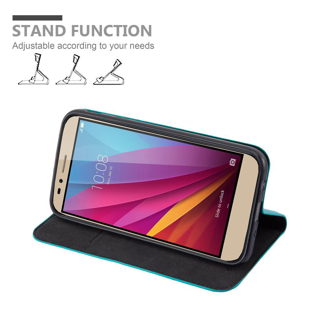 Telefono in custodia blu, aperto in posizione di supporto. Testo: Stand Function. Illustrazioni angoli.