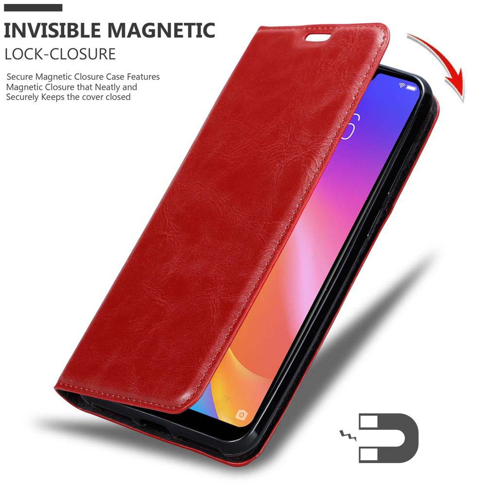 Custodia per telefono rossa aperta, che mostra un telefono con display colorato e chiusura magnetica. Vengono mostrati i magneti.