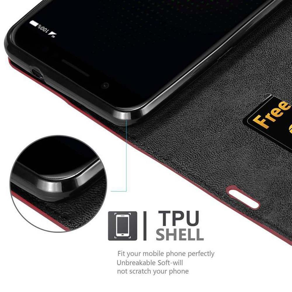 Ein Telefon befindet sich in einer schwarzen Geldbörsenhülle. Text: TPU-Schale, passt für Ihr Telefon, unzerbrechlich.