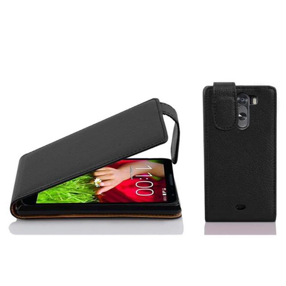 Una funda de teléfono negra, abierta. El teléfono muestra la mano de una mujer con una flor. La funda es de cuero.