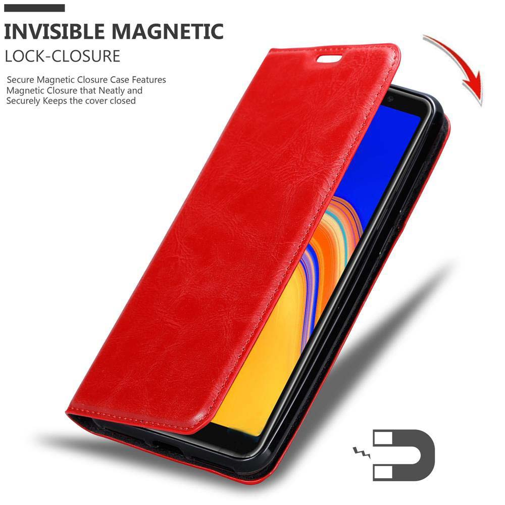 Rote Leder-Handyhülle, geöffnet, um ein Telefon mit blauem und gelbem Bildschirm, schwarzem Rand und weißem Hintergrund zu zeigen.
