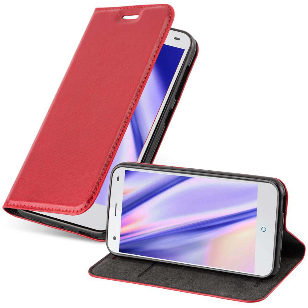 Custodia rossa per telefono che protegge un telefono. Uno è aperto, l'altro chiuso, che mostra uno schermo bianco.