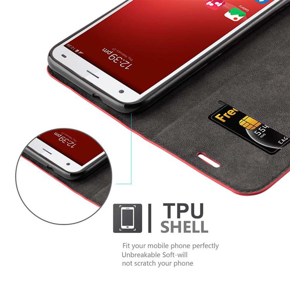 Custodia per telefono con dettagli rossi, telefono dentro e fessura per carte.