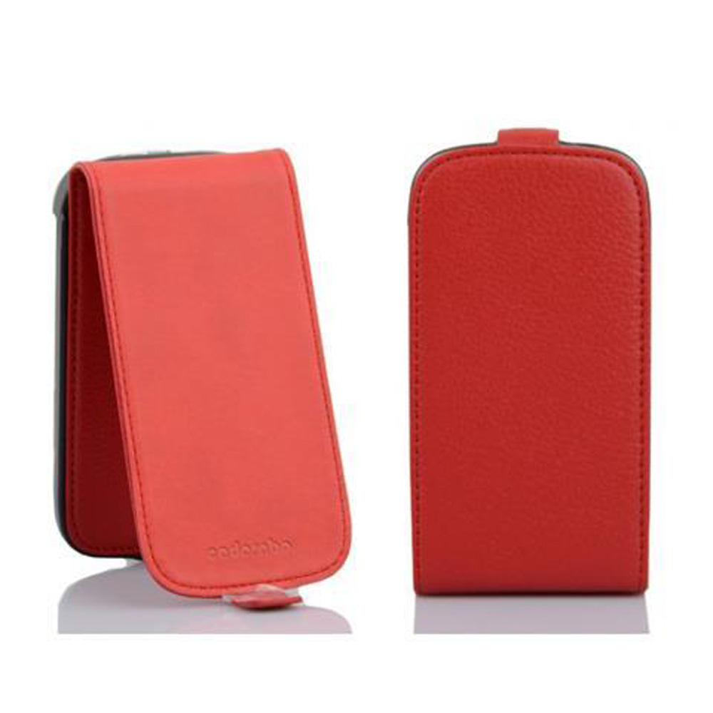 Dos fundas rojas para teléfono de pie, mostrando el frente y la parte trasera.