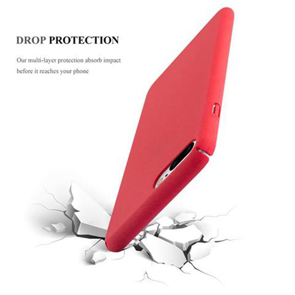 Custodia per telefono rossa intitolata 'DROP PROTECTION' con crepe da impatto a terra.
