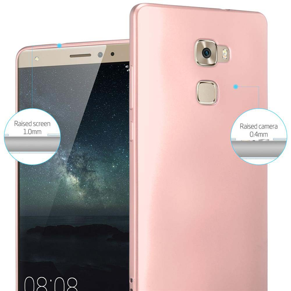 Rosa Handyhülle neben einem Telefon, mit angezeigten Messungen für erhöhten Bildschirm und Kamera.