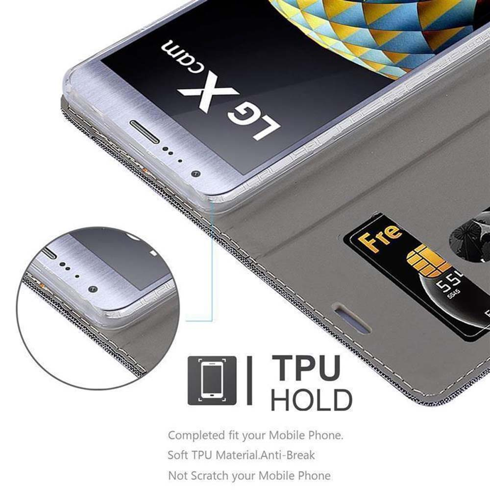 Teléfono en funda, tarjeta de crédito visible, texto: TPU Hold. Pantalla del teléfono encendida. LG cam. Funda negra y gris.
