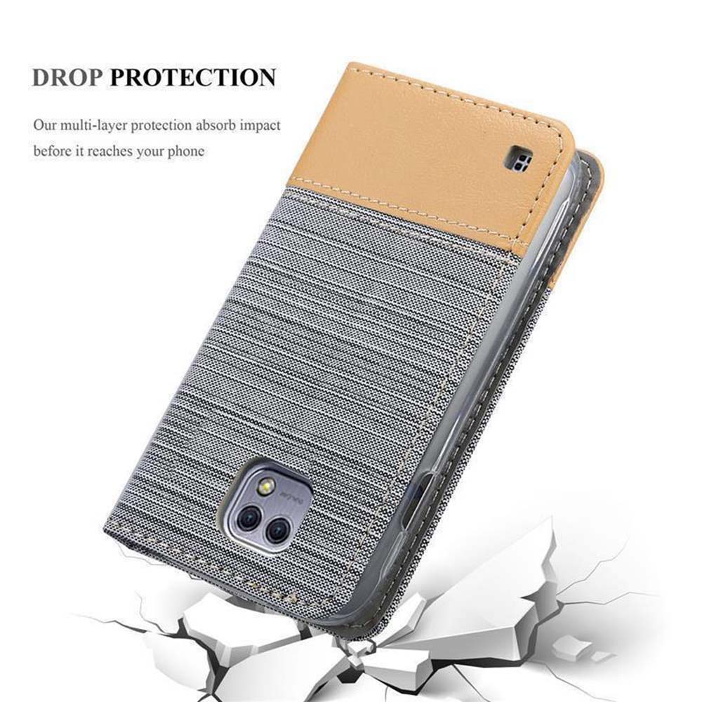 Funda para teléfono con secciones grises y color canela, texto: protección contra caídas.