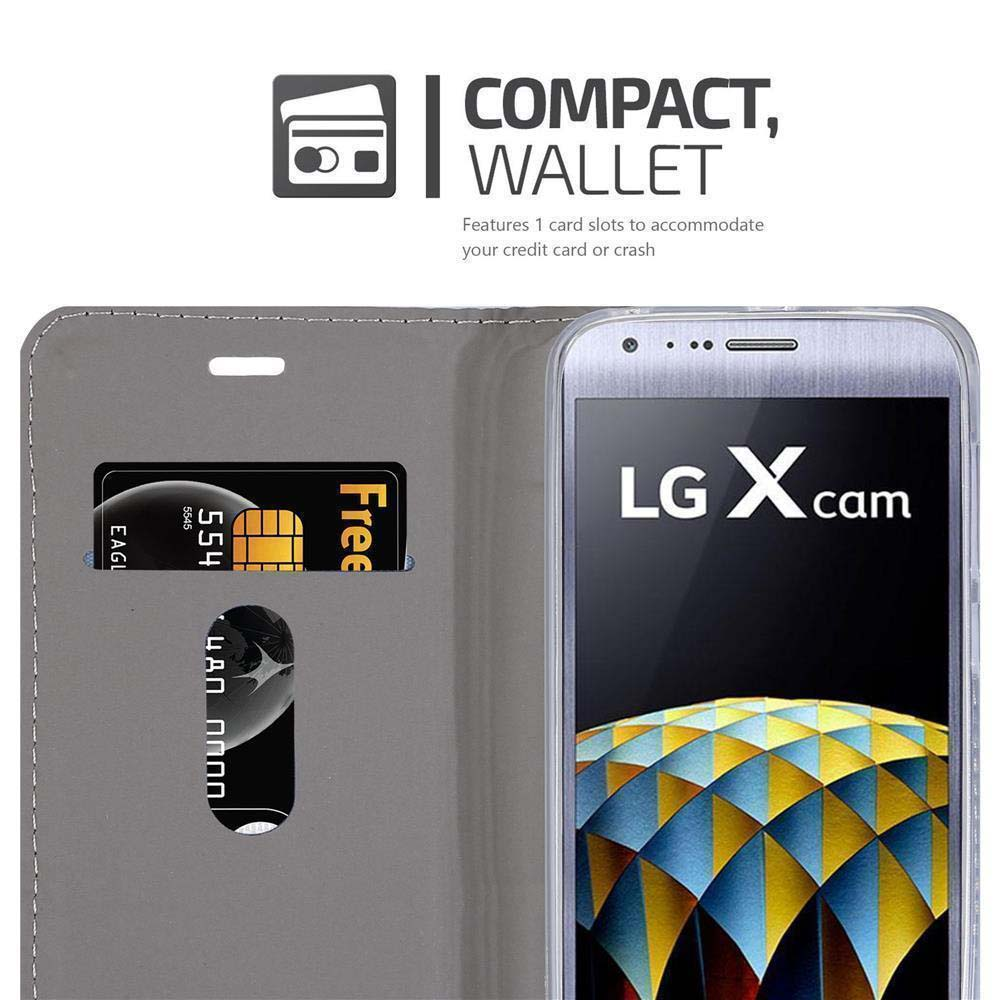 Funda de teléfono abierta con tarjeta y teléfono. Texto: Compacto, Cartera. La tarjeta muestra: 5549.