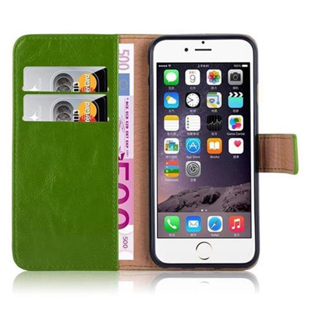 Custodia verde con iPhone. Carte e denaro visibili.
