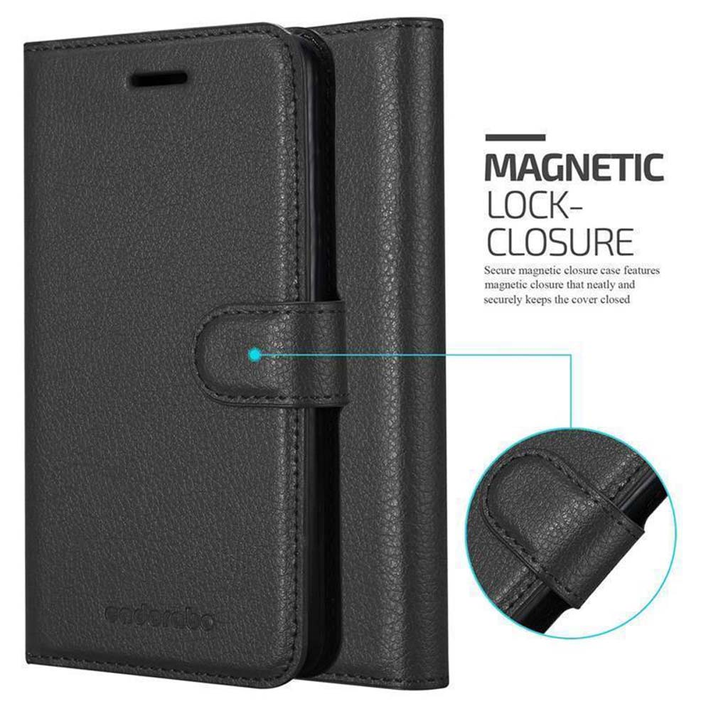 Custodia per telefono in pelle nera con dettaglio di chiusura magnetica. Testo spiega la chiusura magnetica.