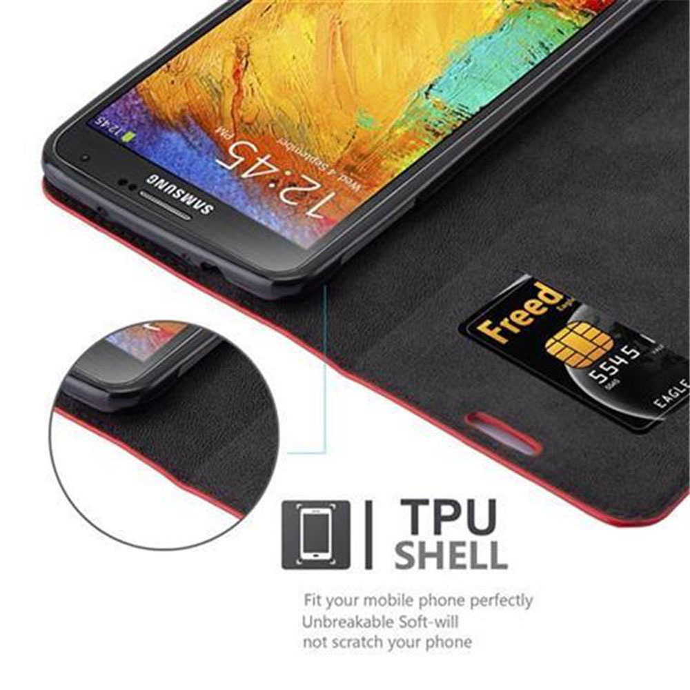 Telefon in einer Brieftaschenhülle mit Kreditkarte. Text 'TPU Shell' und Details werden gezeigt.